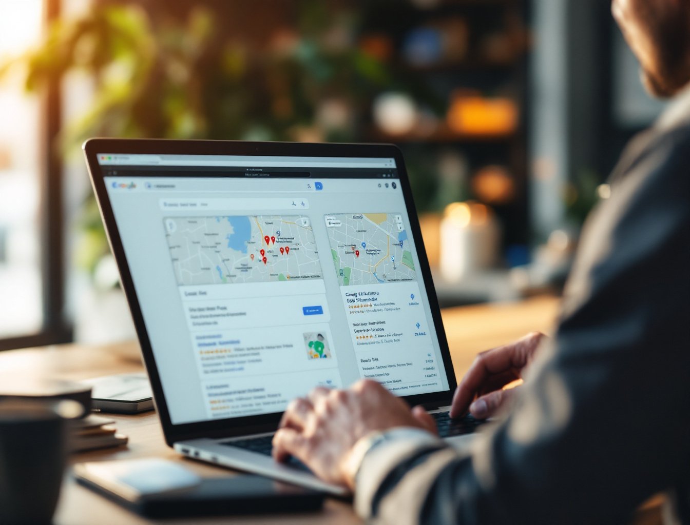 Local SEO results for Connecticut and Northeast service businesses: a marketer reviewing local Google search rankings and map pack listings on a laptop screen