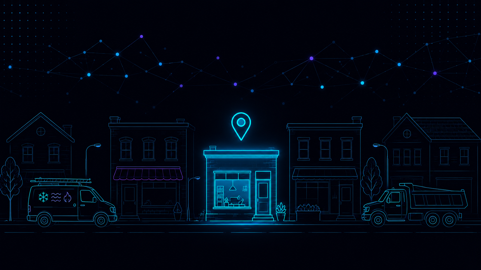 Illustration of a small-town main street at night with a glowing map location pin above a storefront, an HVAC service van on the left and a dump truck on the right