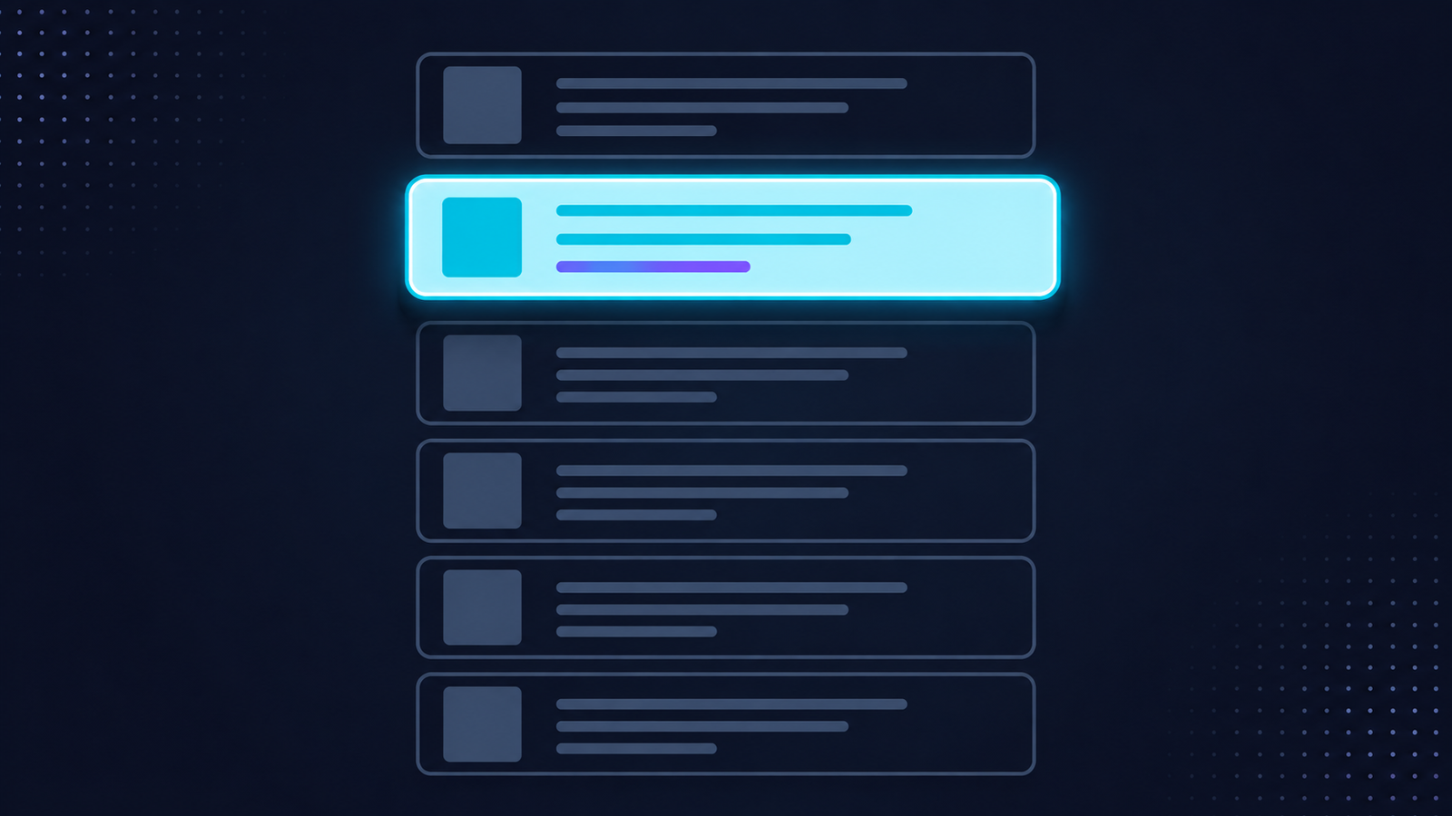 Illustration of a vertical stack of six search result rows on a dark navy background, the second result highlighted in glowing cyan with a violet accent line